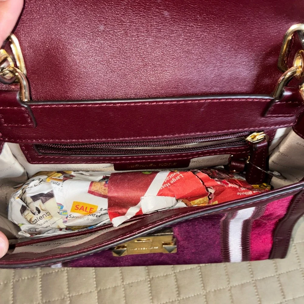Michael Kors Whitney Medium Satchel Oxblood Velvet Leather Crossbody Handbag Bag
